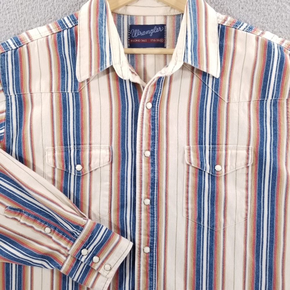 Vintage Wrangler Pearl Snap Shirt XL 17.5 36 Blue Striped Western Rodeo Workwear
